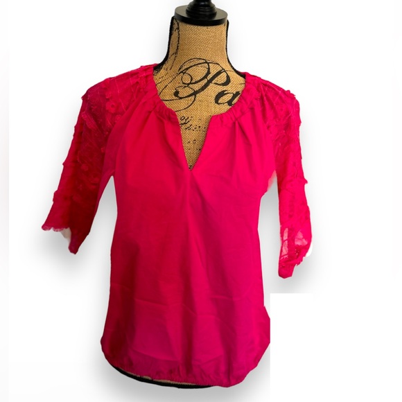 Marc New York by Andrew Marc Magenta Pink V-Neck Short Lace Sleeves Size Large - Picture 1 of 16